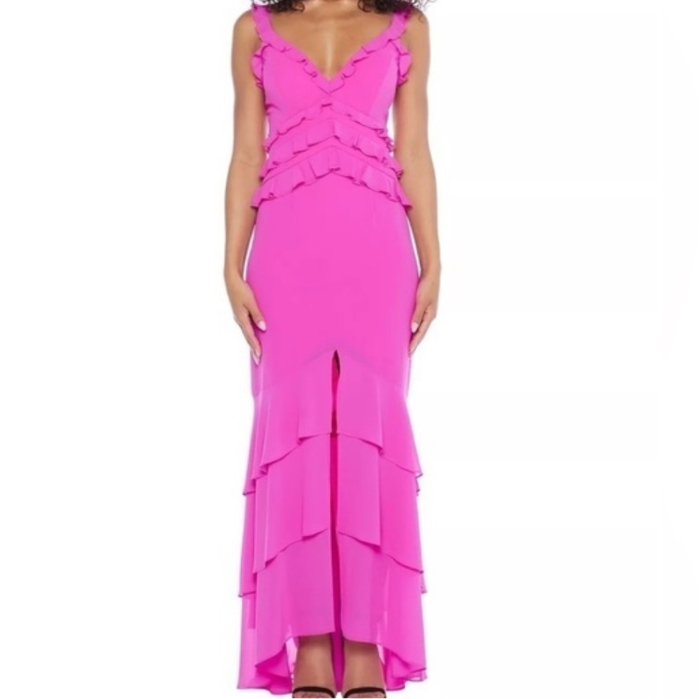 B.Darlin : Pink Ruffle V-Neck Front-Slit Gown